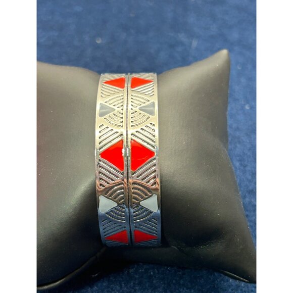 Silver tone & Red Enamel Geometric Design Cuff Bracelet Paparazzi Hidden Glyphs - Picture 1 of 8